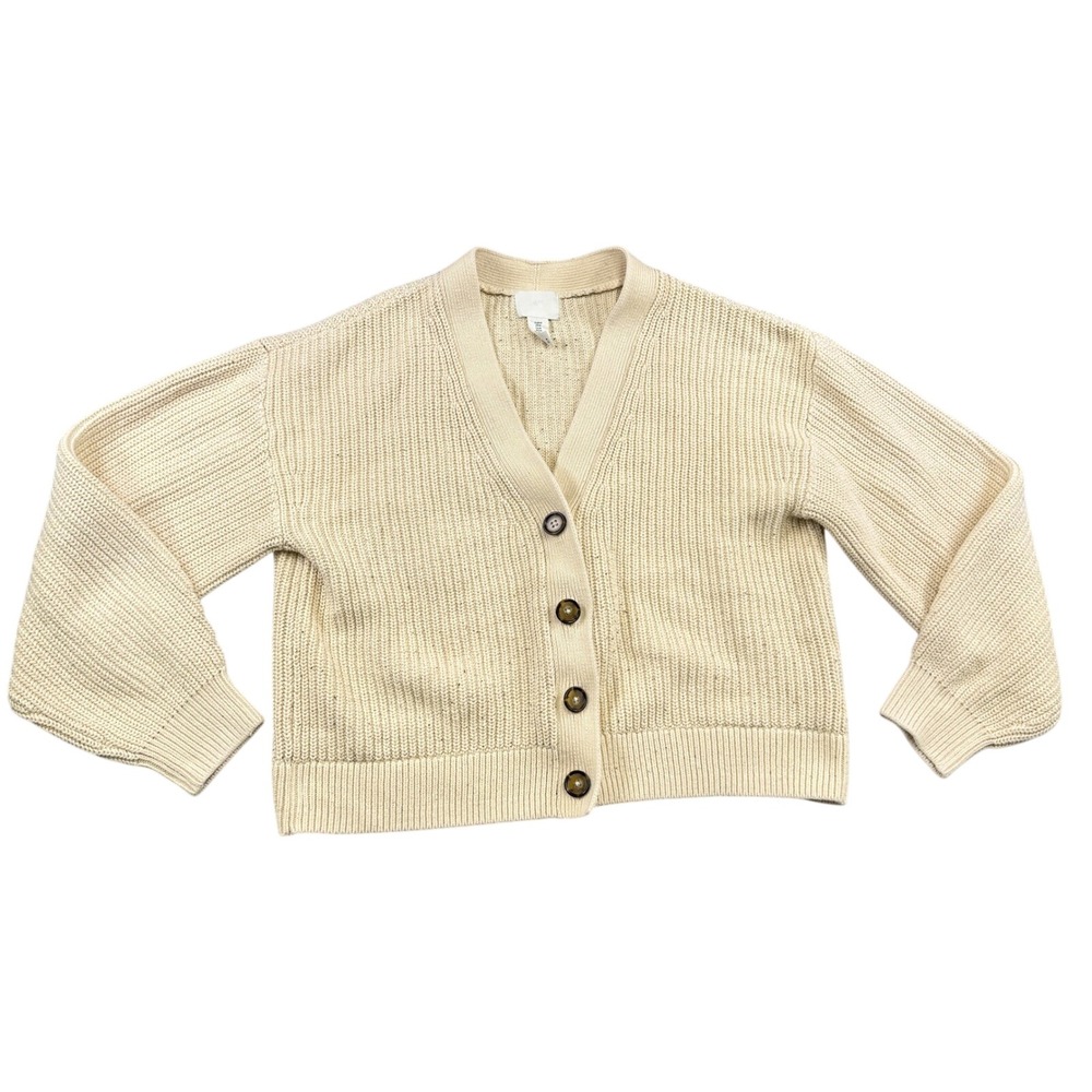 H&M Ribbed Knit Cardigan Beige Speckled V-Neck Button Front Cotton Blend Medium